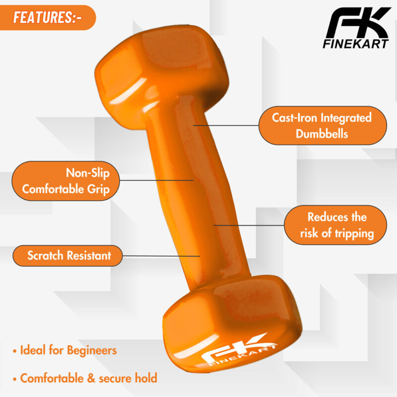 FINEKART Orange Color Pair of 2 KG Vinyl Dumbbells for Strength Training Suitable for Both Men & Women