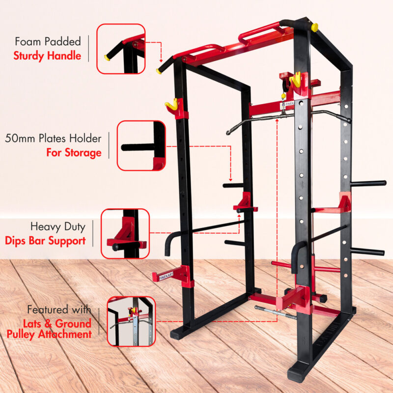 FINEKART Power Squat Rack with LATS Pulldown & Ground Pulley Attachment for Home & Commercial Gym (1)