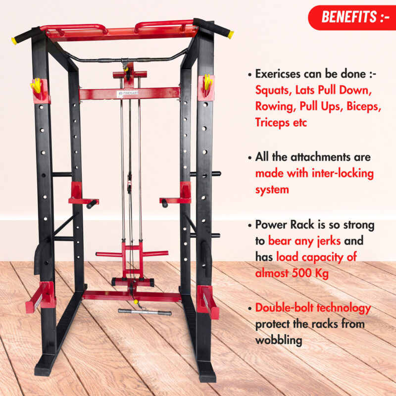 FINEKART Power Squat Rack with LATS Pulldown & Ground Pulley Attachment for Home & Commercial Gym (1)